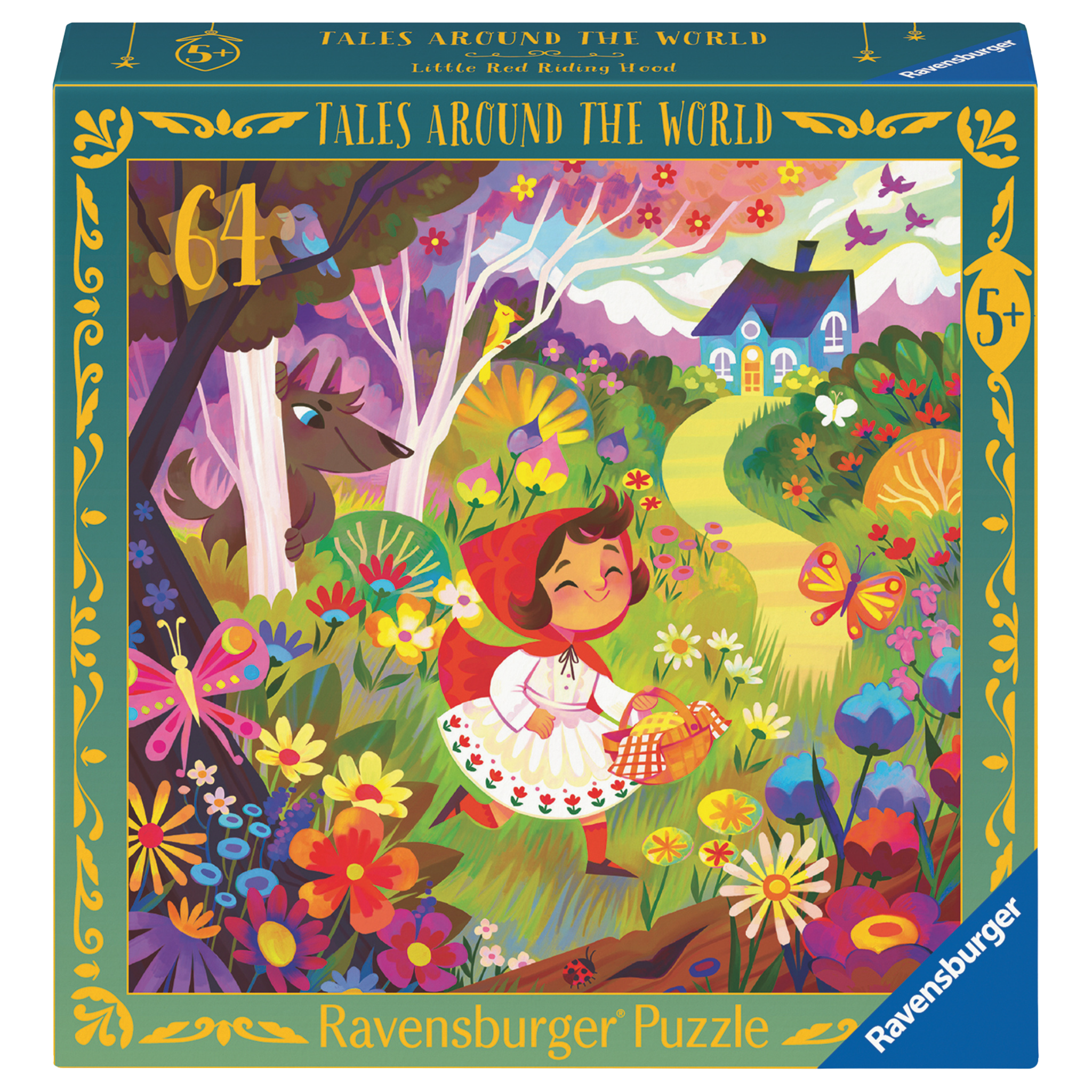 Rødhette puslespill eske med 64 brikker og klassisk eventyr om Rødhette og ulven